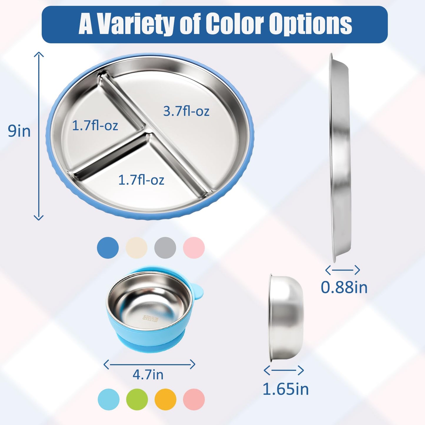 Misslili Stainless Steel Kids Plates And Bowls With Suction, Divided Baby Plate And Toddler Bowl With Removable Silicone Suction