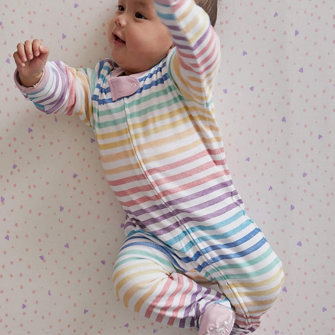 Honestbaby Baby Girls Play Footed Pajamas One-Piece Jumpsuit Zip-Front Pjs 100% Organic Cotton For And Toddler Sleepers, Rainbow