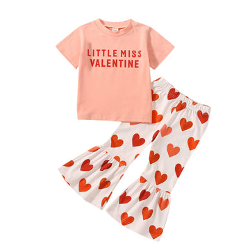 Wybzd Baby Girl Valentines Day Outfit Little Miss Valentine Short Sleeve T-Shirt Top Bell-Bottom Pants Sets Cute Toddler Clothes
