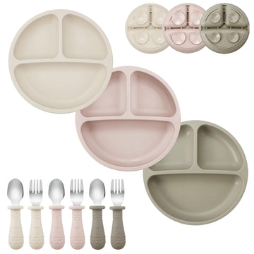 Pandaear 9 Pcs Toddler Plates And Utensils Set, 3 Pack Suction Plates For Toddler With 3 Spoons 3 Forks, Silicone Baby Feeding S