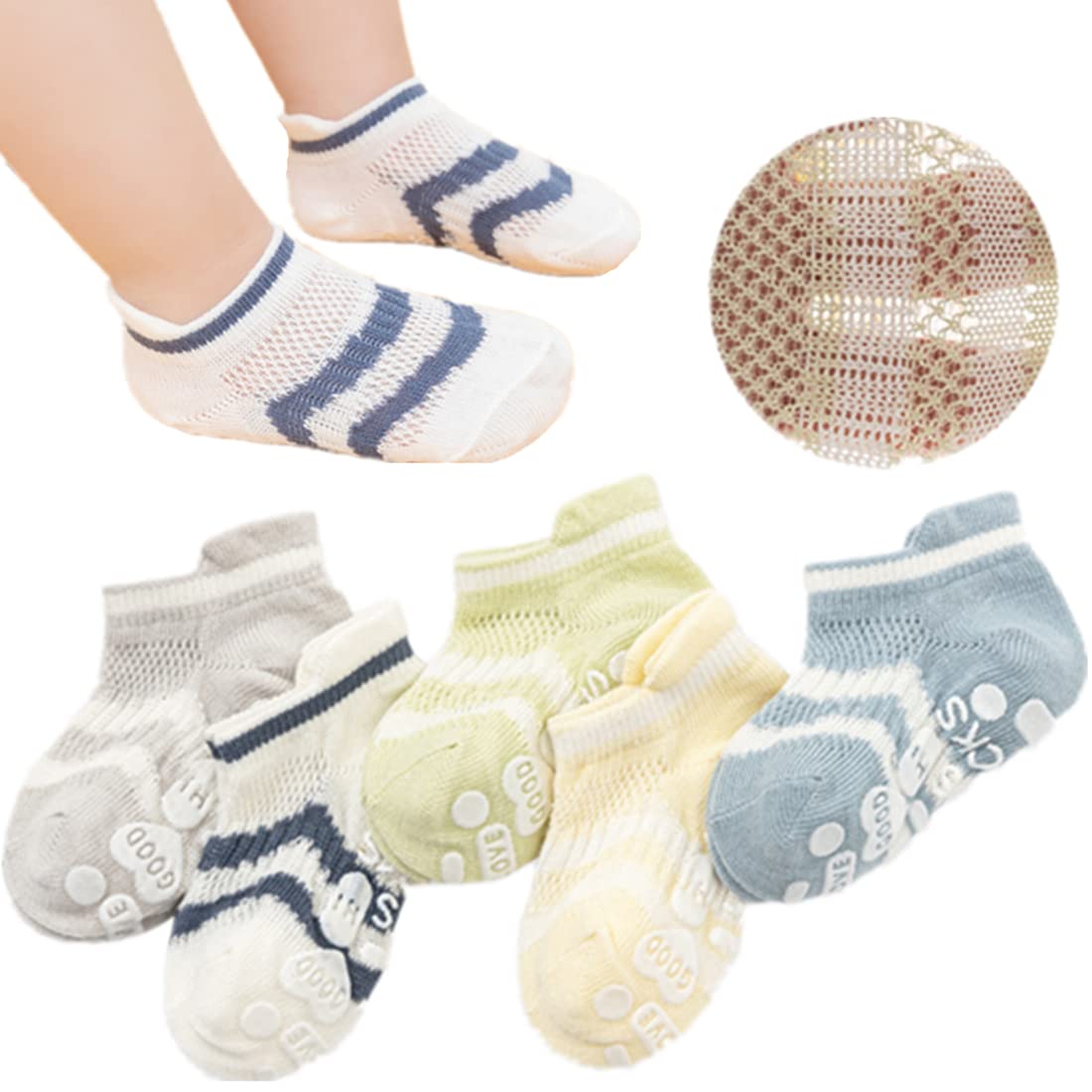 Behele Baby Grip Socks Toddler Non Slip Thin Mesh Infant Pointelle Eyelet Summer Socks Unisex Girl Boy No Show Floor Ankle Socks
