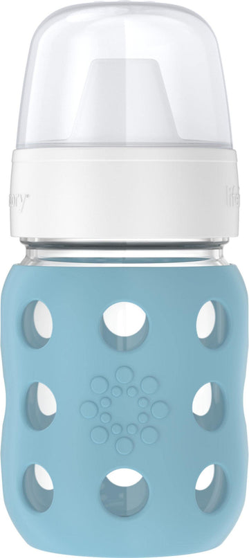 Lifefactory 8-Ounce Wide Neck Glass Baby Bottle With Protective Silicone Sleeve And Hard Sippy Spout, Denim (Lg2221Wde4)