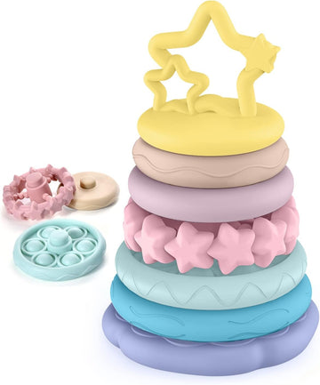 7 Pcs Stacking Toys Baby Toys, Toddler Montessori Sensory Soft Rings Stacker, Teething Infant Toy with Learning, Newborn Essenti