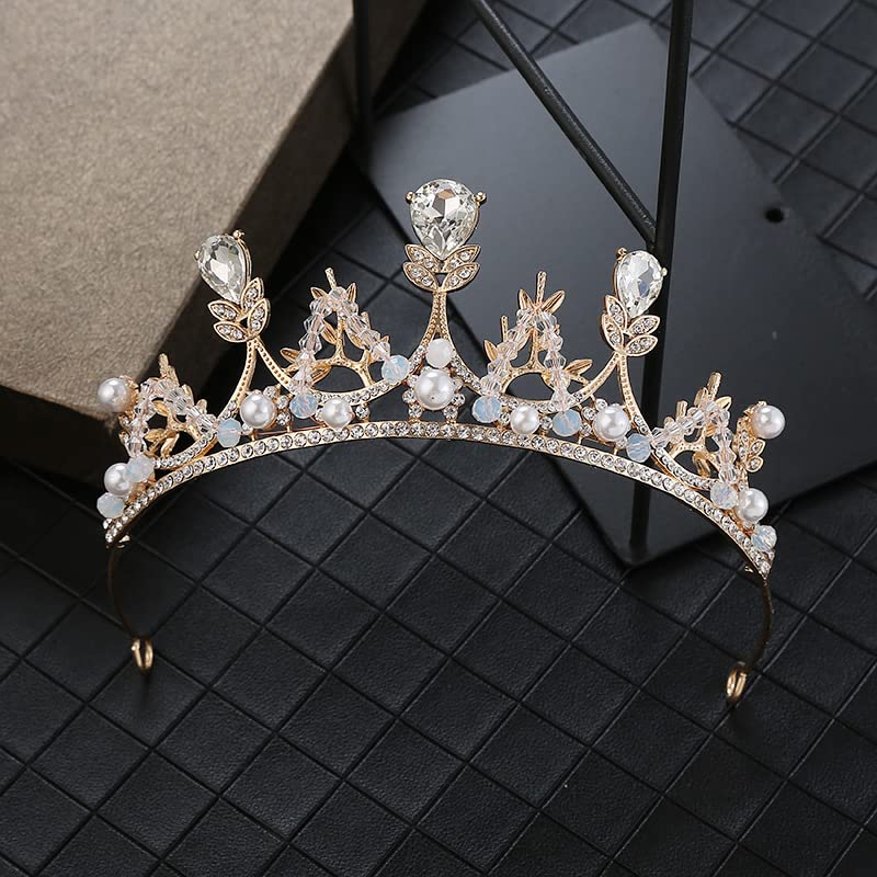 Yovecathou Girls Gold Tiara Princess Crown Headband Rhinestone Hairpiece For Halloween Costume Wedding Bridal Prom Birthday Part