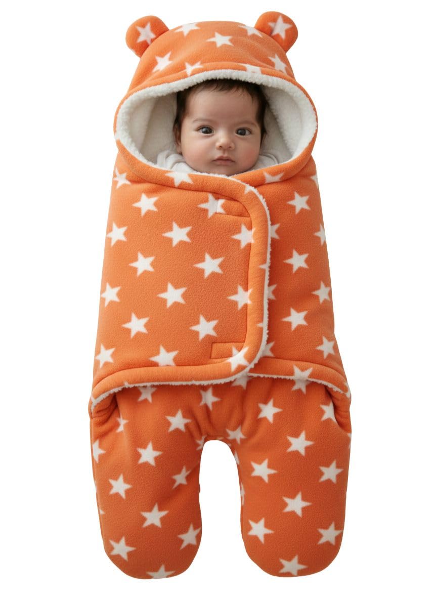 NAMAN Newborn Plush Swaddle, Hodded Blanket, Sleeping Bag, Warm and Soft Swaddle Wrap for Baby boy and Baby GirlOrange_Star