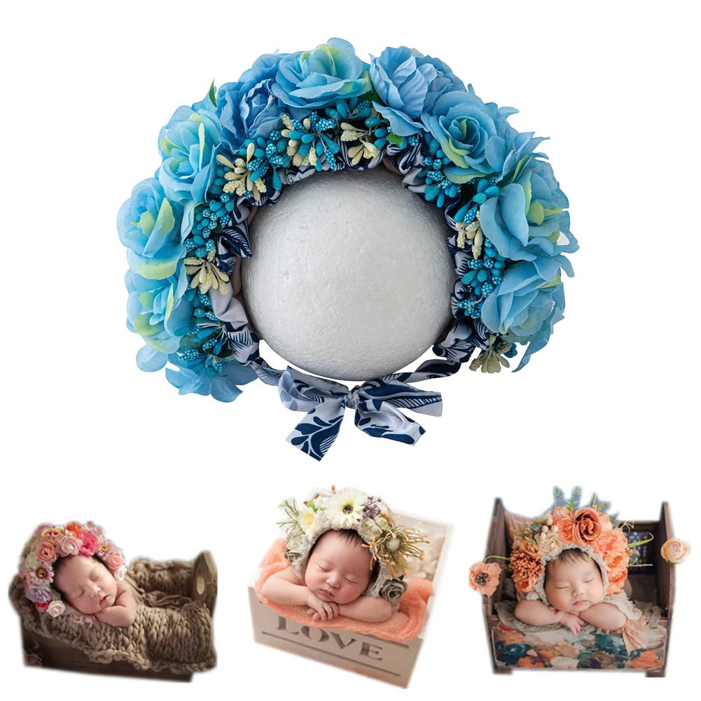 Vemonllas Newborn Photography Props Boys Girls Floral Sitter Hat Baby Photo Props Flowers Bonnet (Blue)