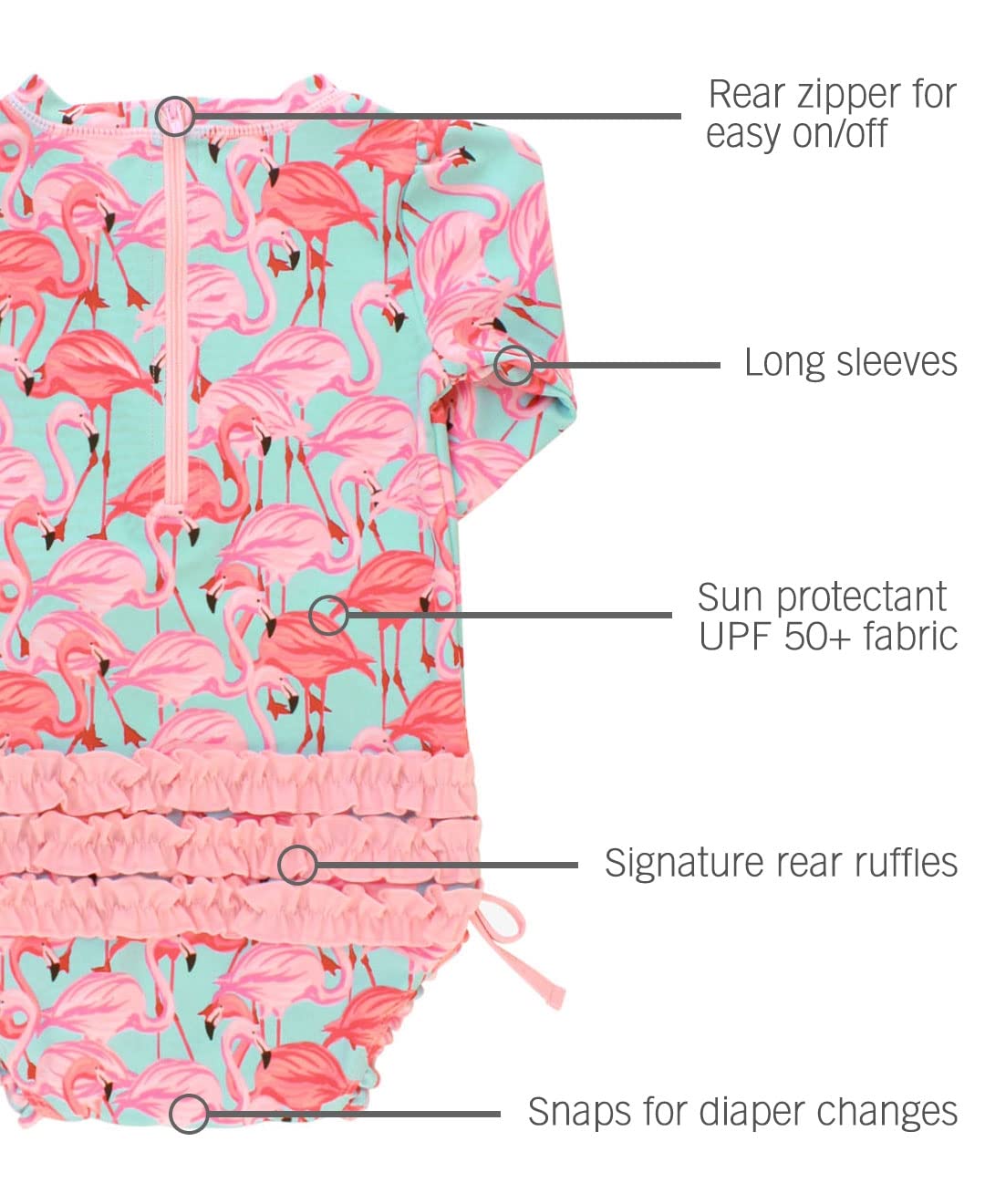RuffleButts Baby Girls UPF 50+ Sun Protection Tropical Print Long Sleeve One Piece Rash Guard Swimsuit with Zipper - Fab Flaming