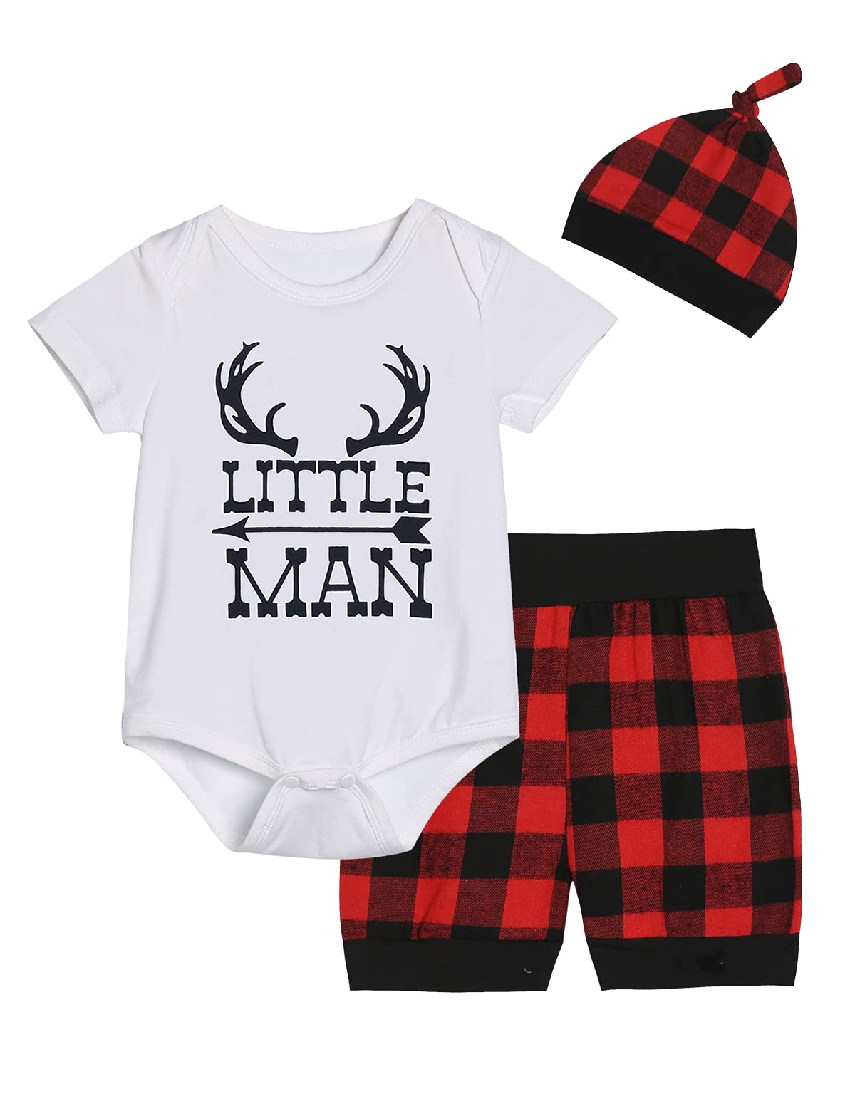 Newborn Baby Boys Girls Deer Little Man Letter Printing Plaid Shorts Outfit Set (White02, 0-3 Months)