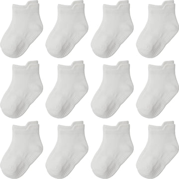 Aroveea Non Slip Grip Ankle Baby Socks 3-5 Years Old White For Toddler Boys And Girls Kids Socks 12 Pack, Cute Cotton Baby Socks