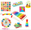 Wooden Educational Toys Set for Toddlers, 8-in-1 Learning Pack with Number Board, Clock, Xylophone, Shape Sorter, Stacking Rings