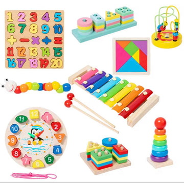 Wooden Educational Toys Set for Toddlers, 8-in-1 Learning Pack with Number Board, Clock, Xylophone, Shape Sorter, Stacking Rings