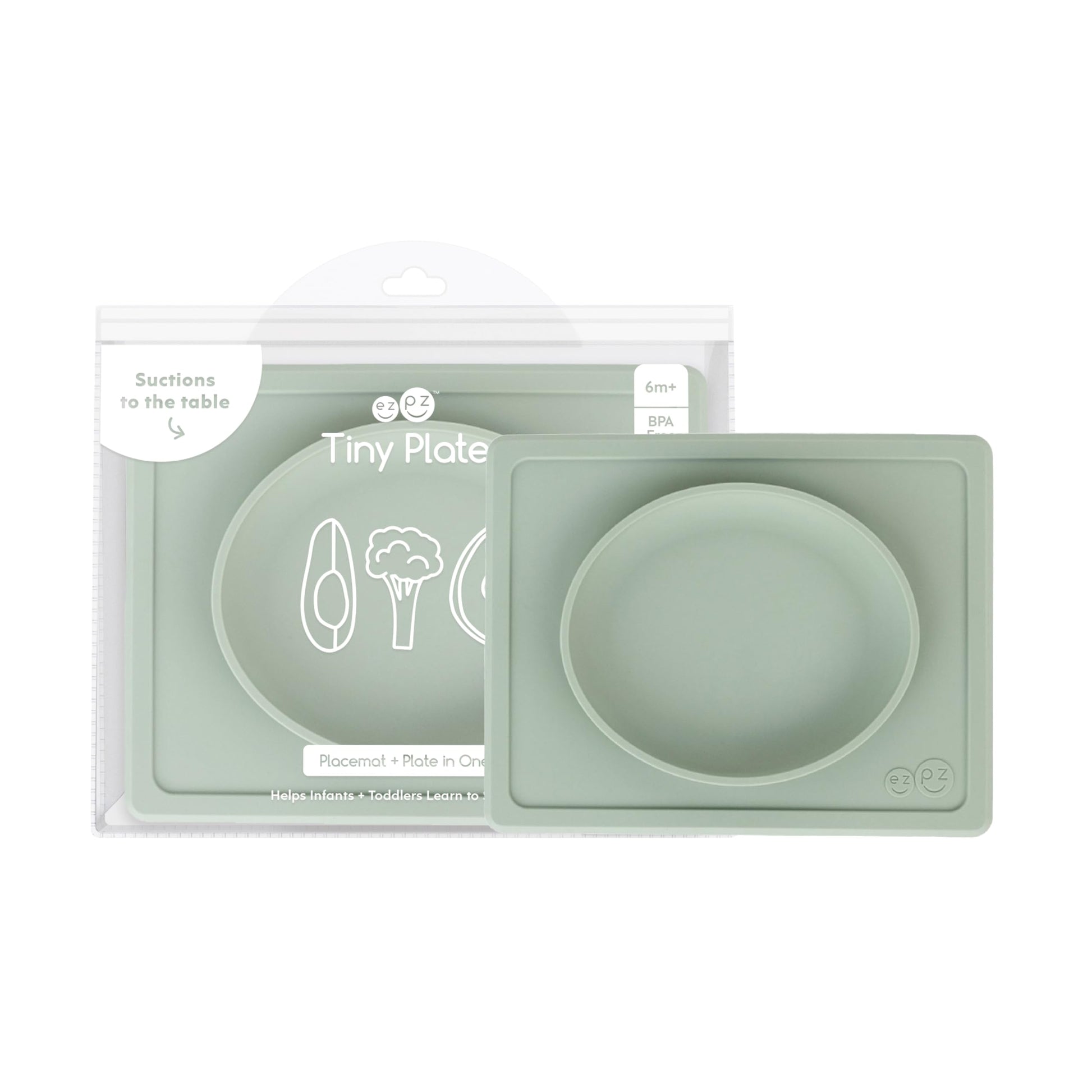 ezpz Tiny Plate (Sage) - 6 Months+ - 100% Silicone Suction Placemat + Plate for Infants - Fits on Most Highchair Trays - Baby Le