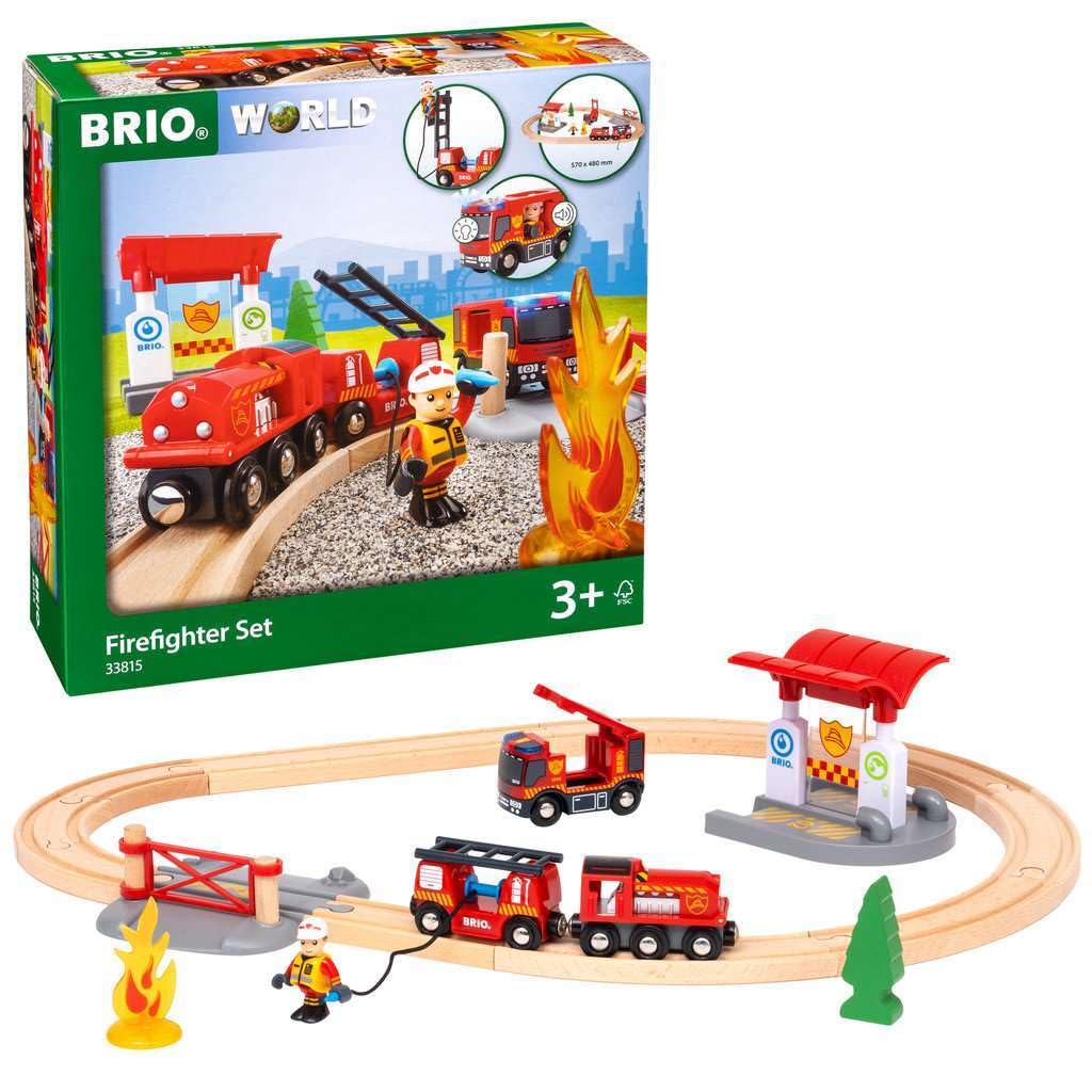 Brio 33815 Rescue Firefighter Set | 18 Piece Train Toy with a Fire Truck, Accessories and Wooden Tracks for Ages 3 and Up