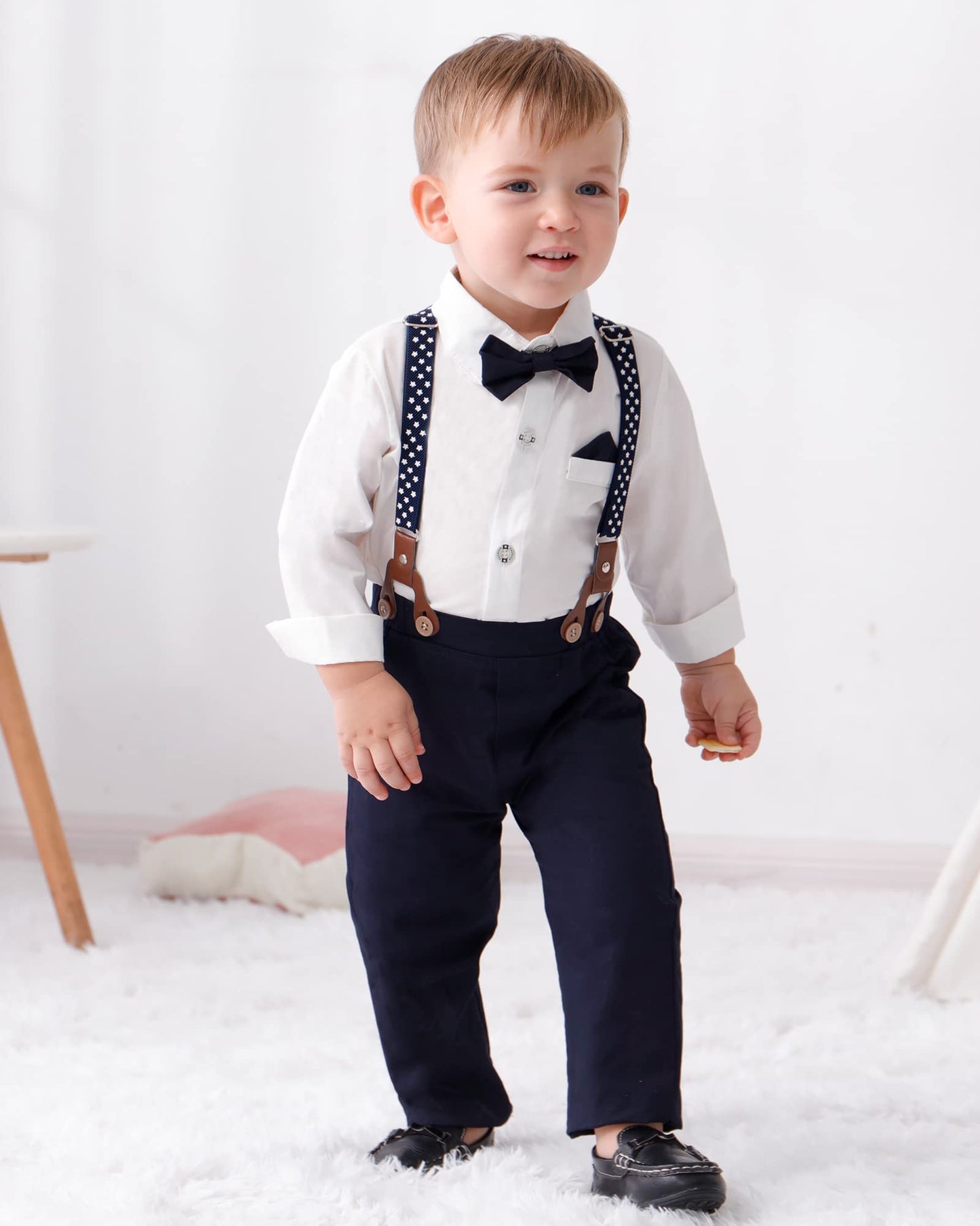 Disaur Matching Family Outfits Long Sleeve White Leaf Dress Shirt Bow Tie Suspender Black Pants Boys Church Outfit 4T 5T 4-5T