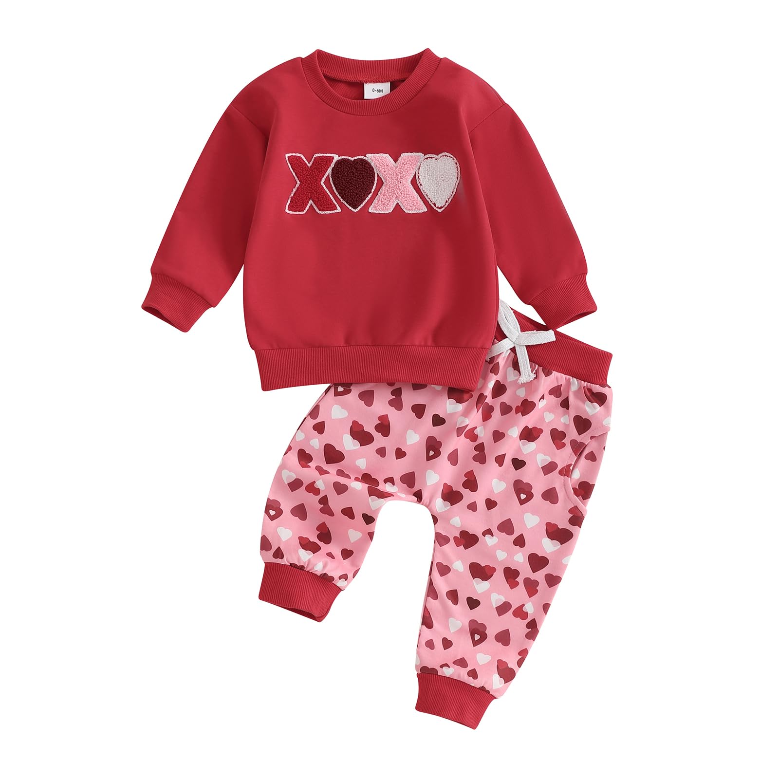 Beqeuewll Toddler Baby Girl Valentines Day Outfit Letter Print Long Sleeve Sweatshirt Heart Long Pants 2 Piece Set (Red, 18-24 M