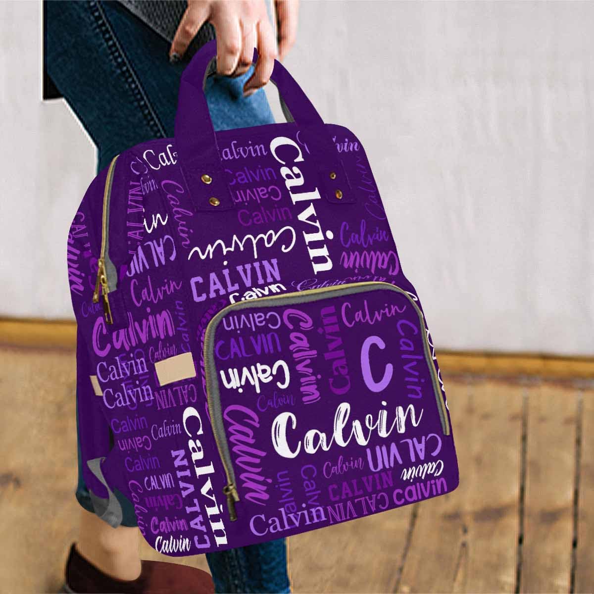 Custom Diaper Bag, Name Dark Purple Diaper Backpack Personalized Mummy Nursing Baby Bags Fashion Shoulders Bag Casual Daypack Tr