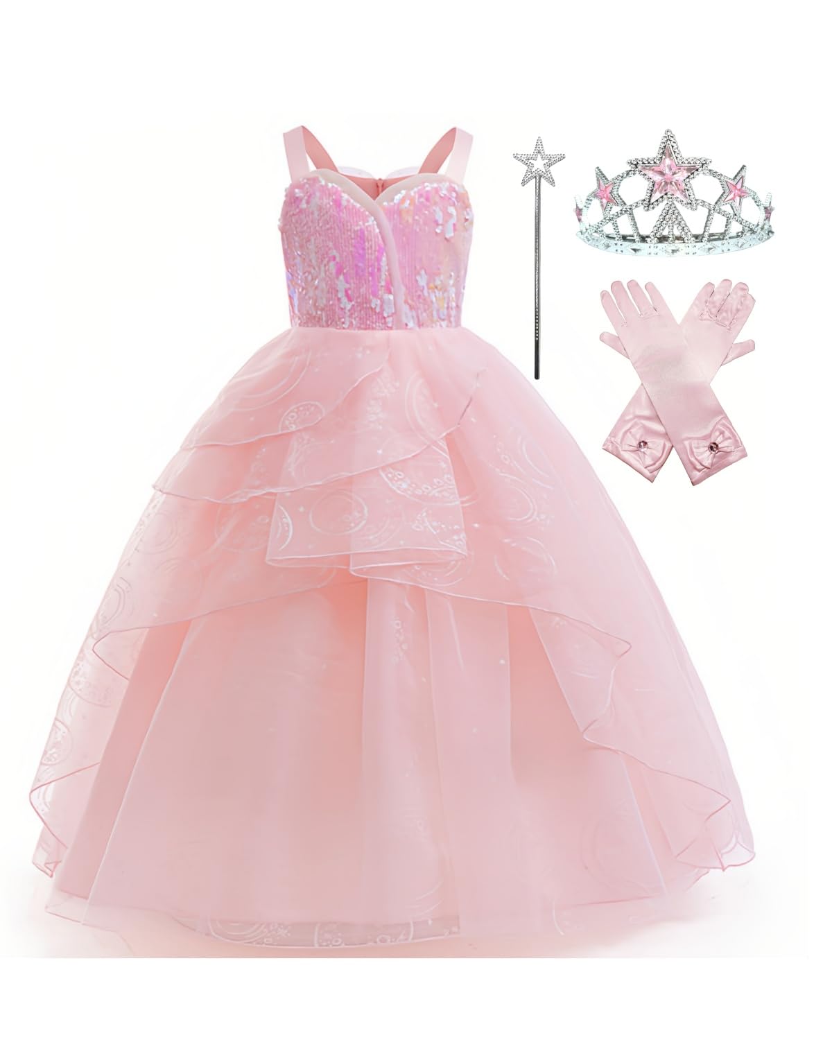 Xefenki Good Witch Glinda Costume For Girls Halloween Pink Bubble Princess Dress Cosplay Outfits With Crown Wand And Gloves 7-8Y