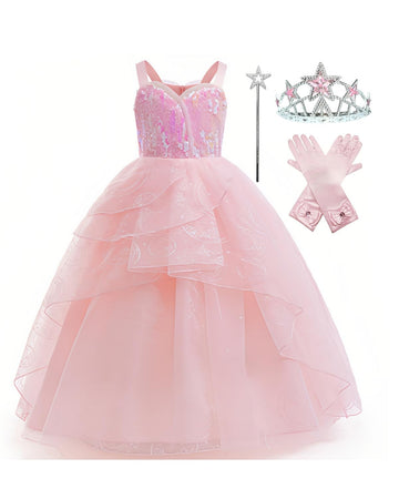 Xefenki Good Witch Glinda Costume Dress For Girls Halloween Cosplay Outfits With Crown Magic Wand And Gloves