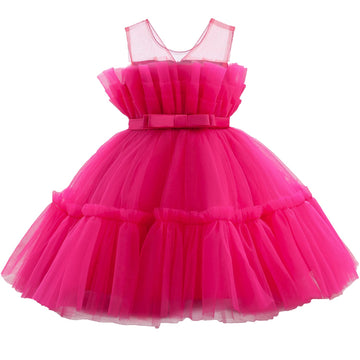 Flower Baby Girl Lace Dress Toddler Tulle Sleeveless Bow Princess Party Wedding Pageant Bridesmaid (Hot Pink042.3-4 T)