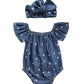 Newborn Baby Girls Romper Jumpsuit Infant Girl Summer Bodysuits Ribbed Short Sleeve One-Piece Headband (Denim, 0-6 Months)
