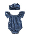 Newborn Baby Girls Romper Jumpsuit Infant Girl Summer Bodysuits Ribbed Short Sleeve One-Piece Headband (Denim, 0-6 Months)