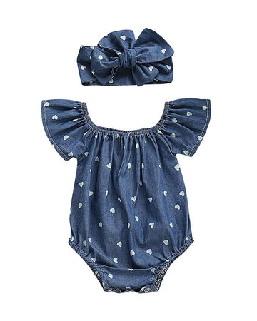Newborn Baby Girls Romper Jumpsuit Infant Girl Summer Bodysuits Ribbed Short Sleeve One-Piece Headband (Denim, 0-6 Months)