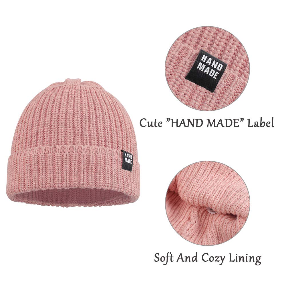 Simple Knitted Baby Beanie Hip-Hop Boys Winter Hat Toddler Kids Bonnet For Girls 0-5Y (White+Pink+Beige, M)