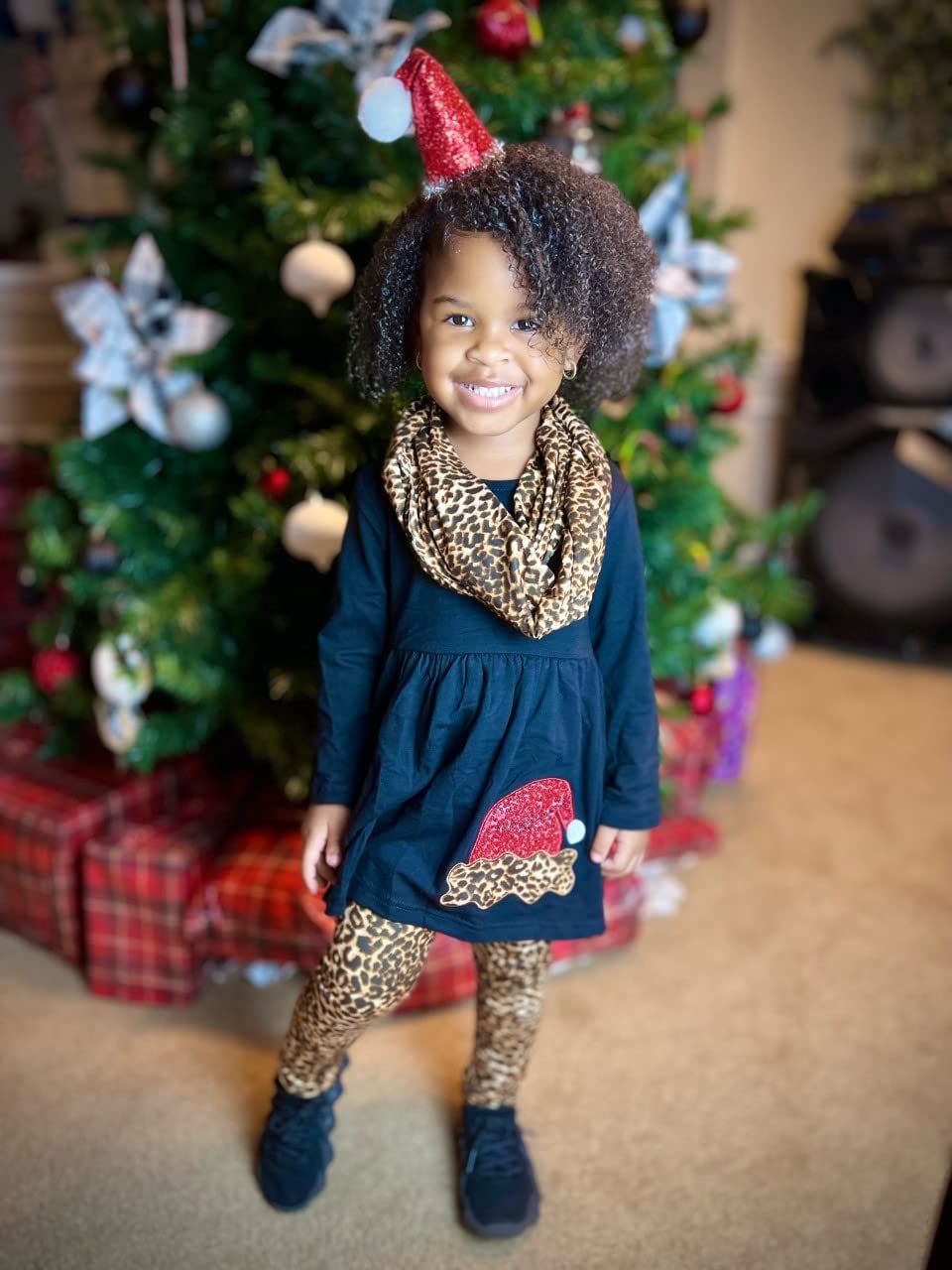 Unique Baby Girls Leopard Print Santa 3 Piece Christmas Outfit (6/Xl, Black)