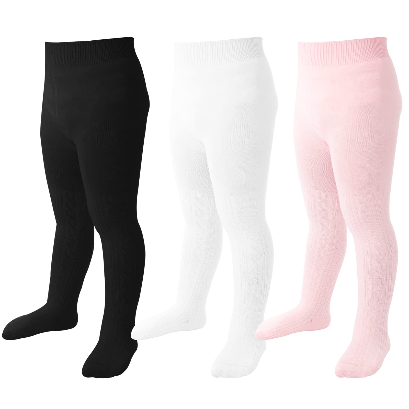 Mini Angel Baby Tights Toddler Girl Cable Knit Leggings Soft Cotton Stockings Pantyhose 3Pack (Black, White, Pink, 2-4 Years)