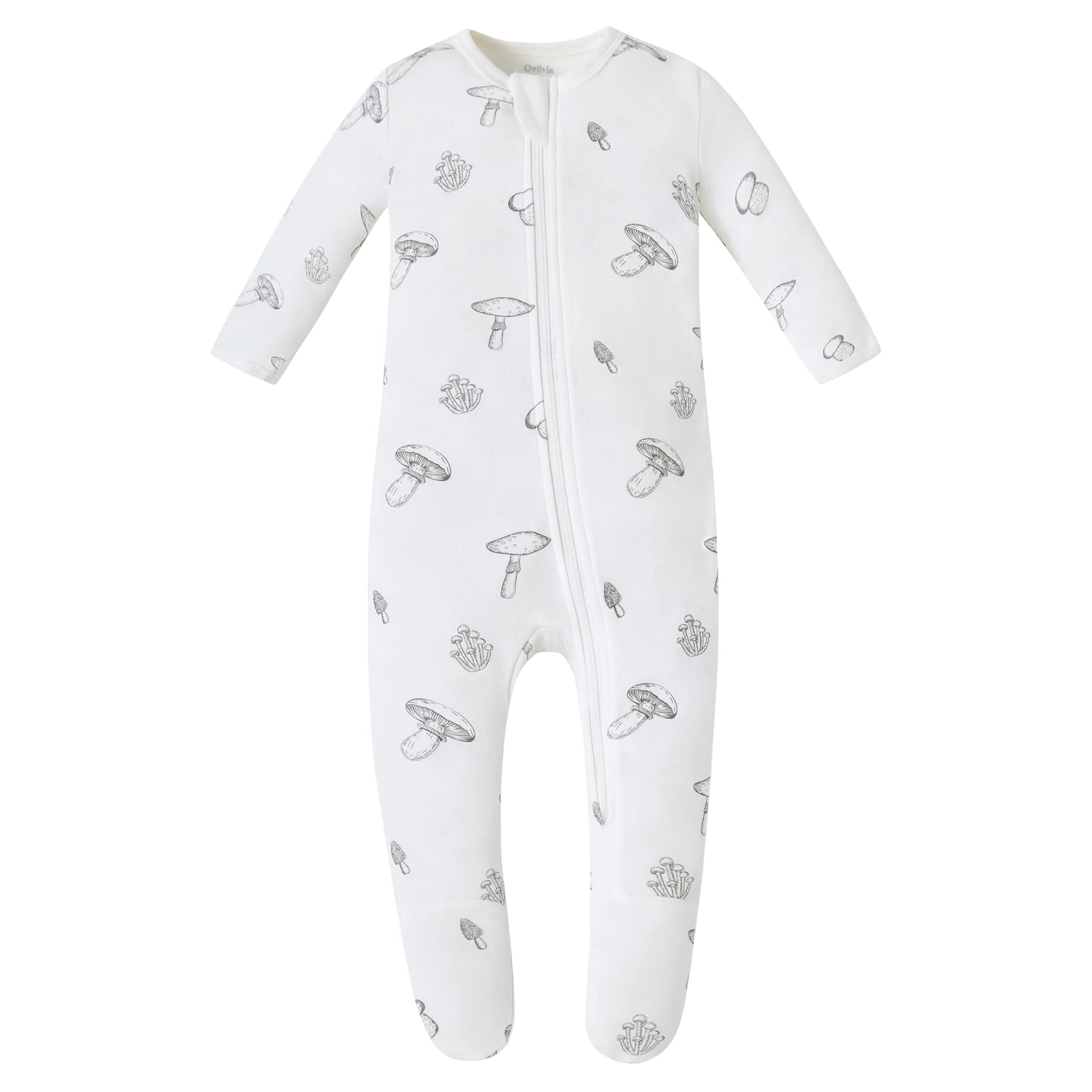 Owlivia Organic Cotton Baby Pajamas, Boys Girls Zip Front Sleep  'N Play, Footed Sleeper, Long Sleeve(6-12 Months, Gray Mushroom