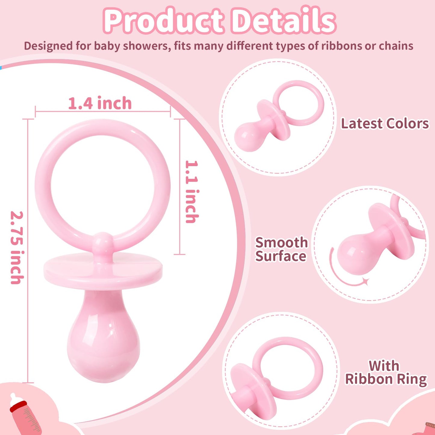 50 Pacifiers For Baby Shower Game Girl, 2.75 Plastic Pacifiers Baby Shower Game, Bulk Baby Shower Pacifiers For Gender Reveal Ba