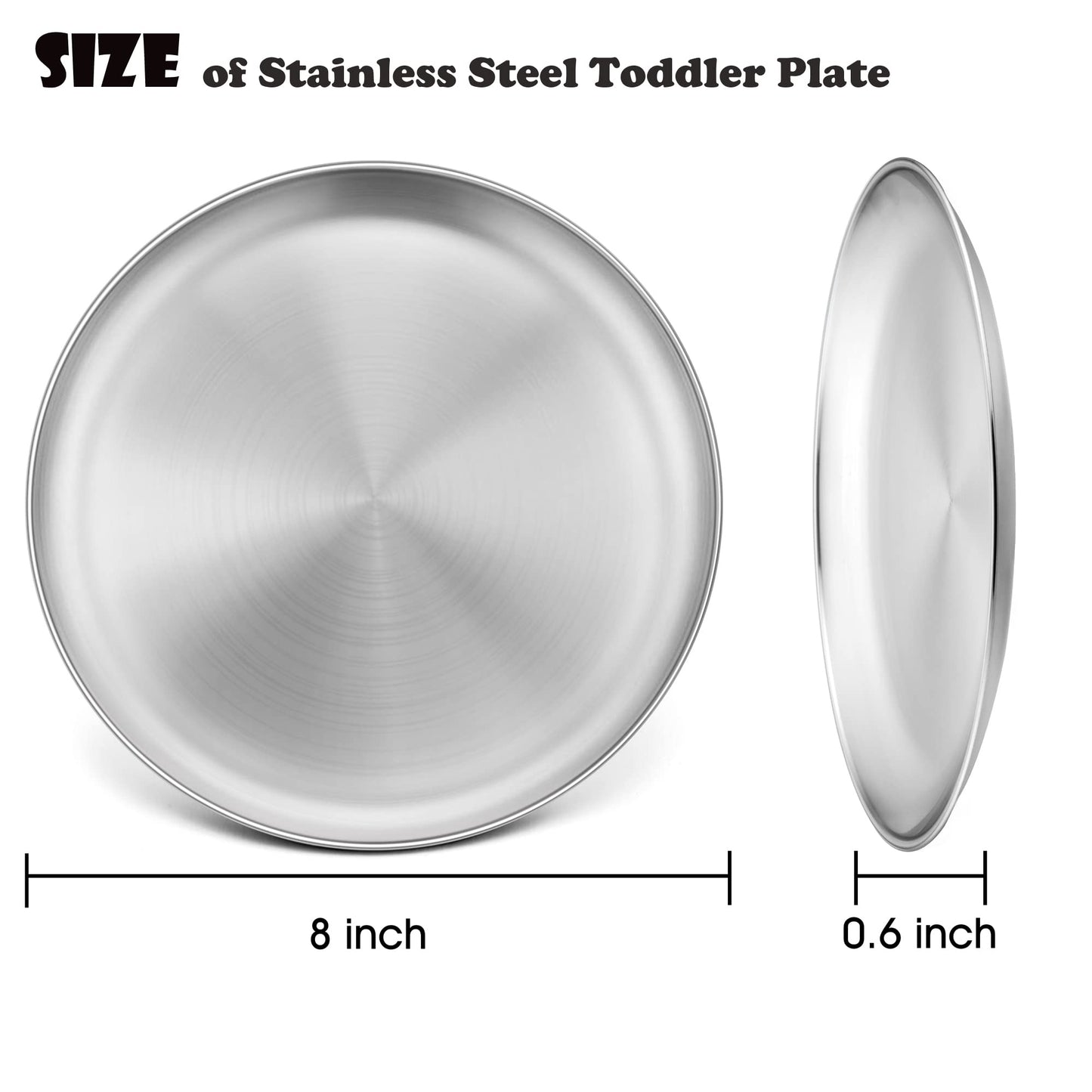 Lianyu 6-Piece Kids 18/8 Stainless Steel Plates, 8 Inch Toddler Metal Round Dinner Plates, Kids Children Dishes For Serving Outd