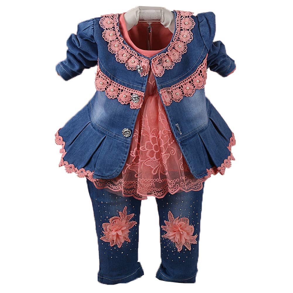 Yao 6M-4Y Infant 3Pcs Baby Girls Clothes Set Toddler Outfits Lace Dress Jacket And Jeans (1-2Y,Flower-Orange)