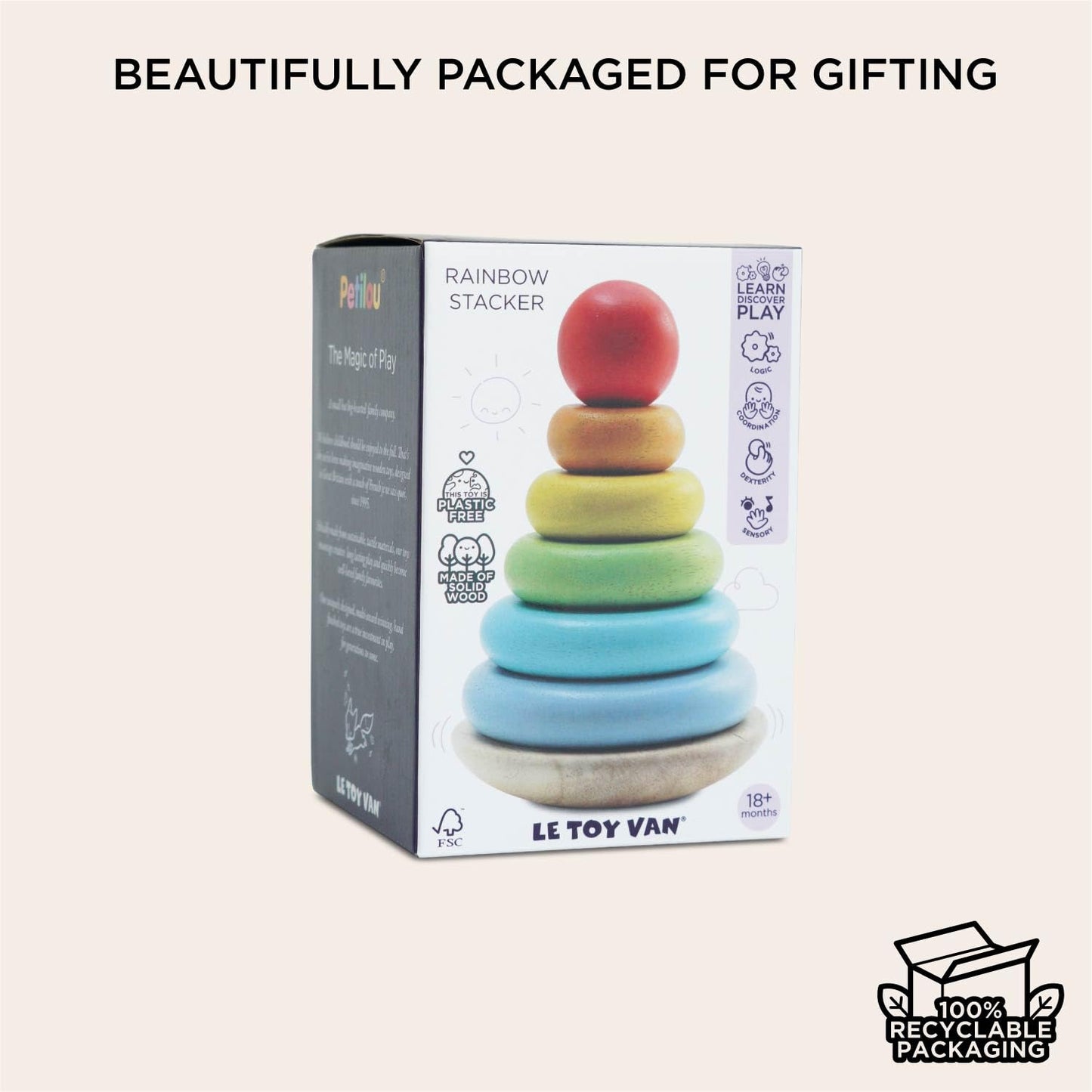 Le Toy Van - Wooden Rainbow Stacker | Girl & Boy 7 Piece Rainbow Wobbling Ring Stacker - Suitable for 18+ Months
