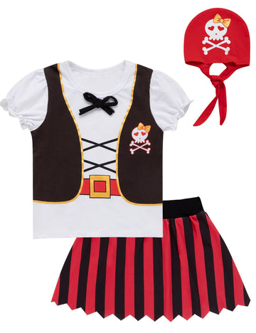 Auggle 3Pc Toddler Baby Girl Outfits Halloween Stripe Skirt Kid Pirate Short Sleeve With Head Scarf (Red, 2T)