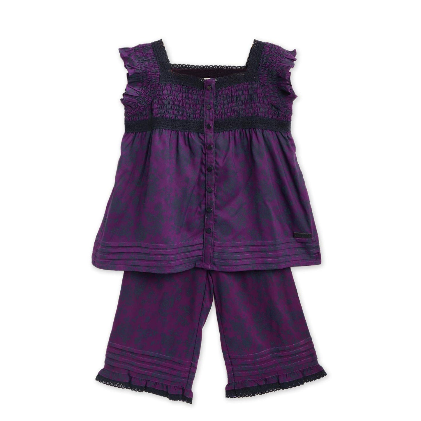 Cherry Crumble Purple Solid 100% Cotton Short Sleeves Square Neck Night Wear Regular Fit Lace Summer Nightsuit for Girls