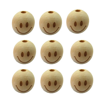 Alenybeby 50pcs 20mm Round Natural Wood Beads Laser Printing Smile face Beads Necklace Wooden Beads for Key Chain Jewelry Making