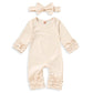 Grnshts Newborn Baby Girls Ruffle Romper Solid Long Sleeve Jumpsuit One-Piece Coming Home Outfits+Headband (Beige, 1-3 Months)