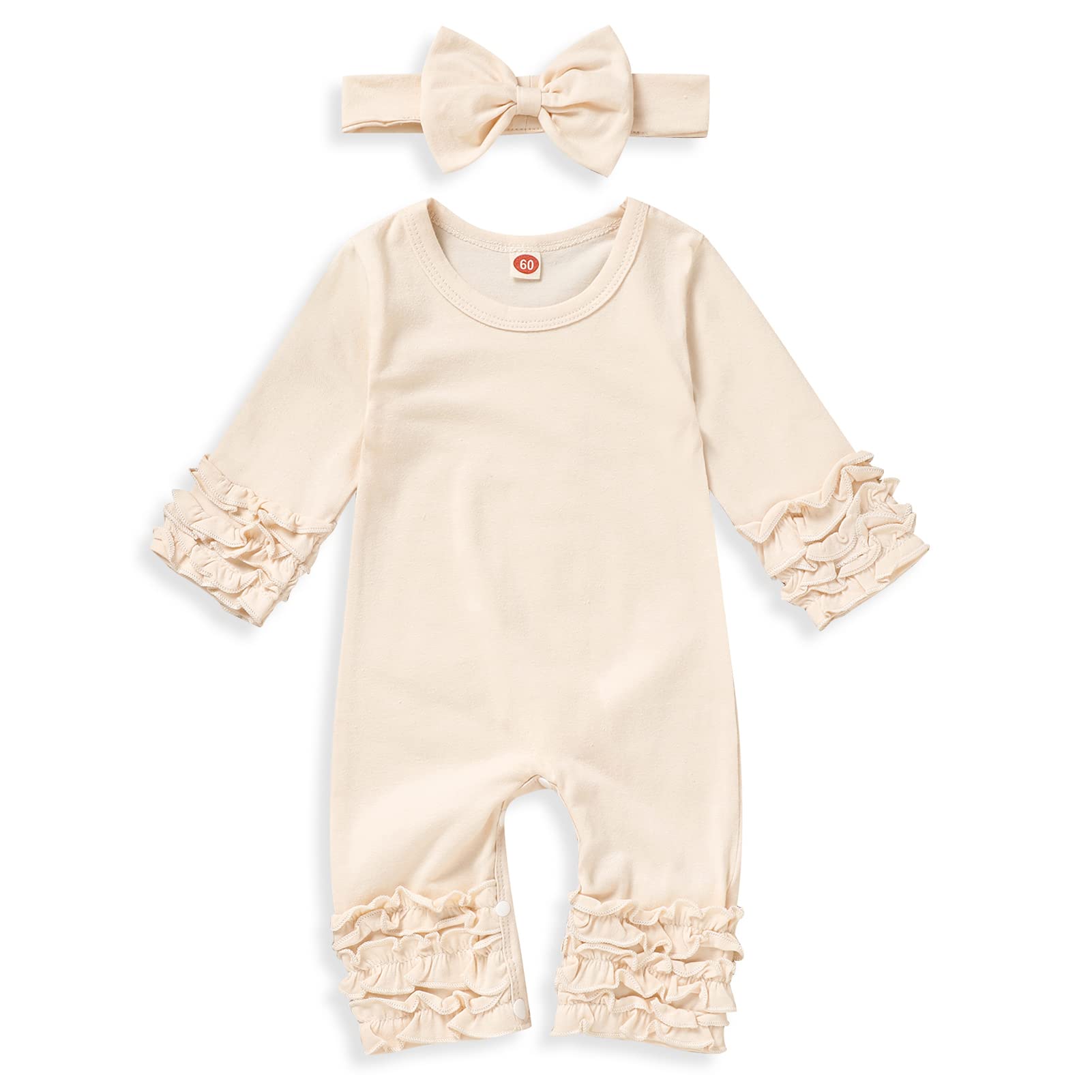 Grnshts Newborn Baby Girls Ruffle Romper Solid Long Sleeve Jumpsuit One-Piece Coming Home Outfits+Headband (Beige, 1-3 Months)