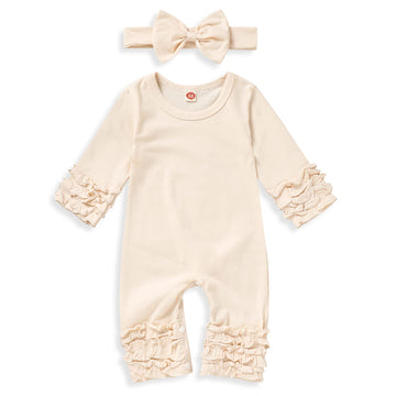 Grnshts Newborn Baby Girls Ruffle Romper Solid Long Sleeve Jumpsuit One-Piece Coming Home Outfits+Headband (Beige, 1-3 Months)