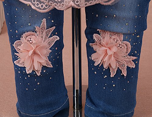 Yao 6M-4Y Infant 3Pcs Baby Girls Clothes Set Toddler Outfits Lace Dress Jacket And Jeans (4-5Y,Flower-Pink)