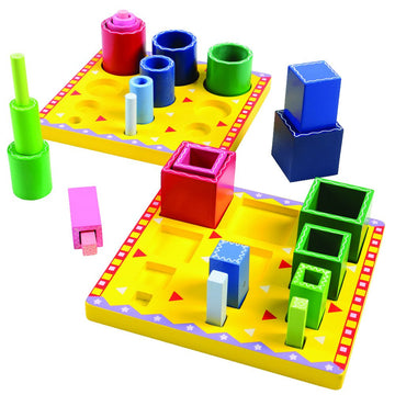 Constructive Playthings Wooden Tube Sorting Blocks to Explore Color and Size Gradation; Each Board is 8 sq. and Tallest Tube is 