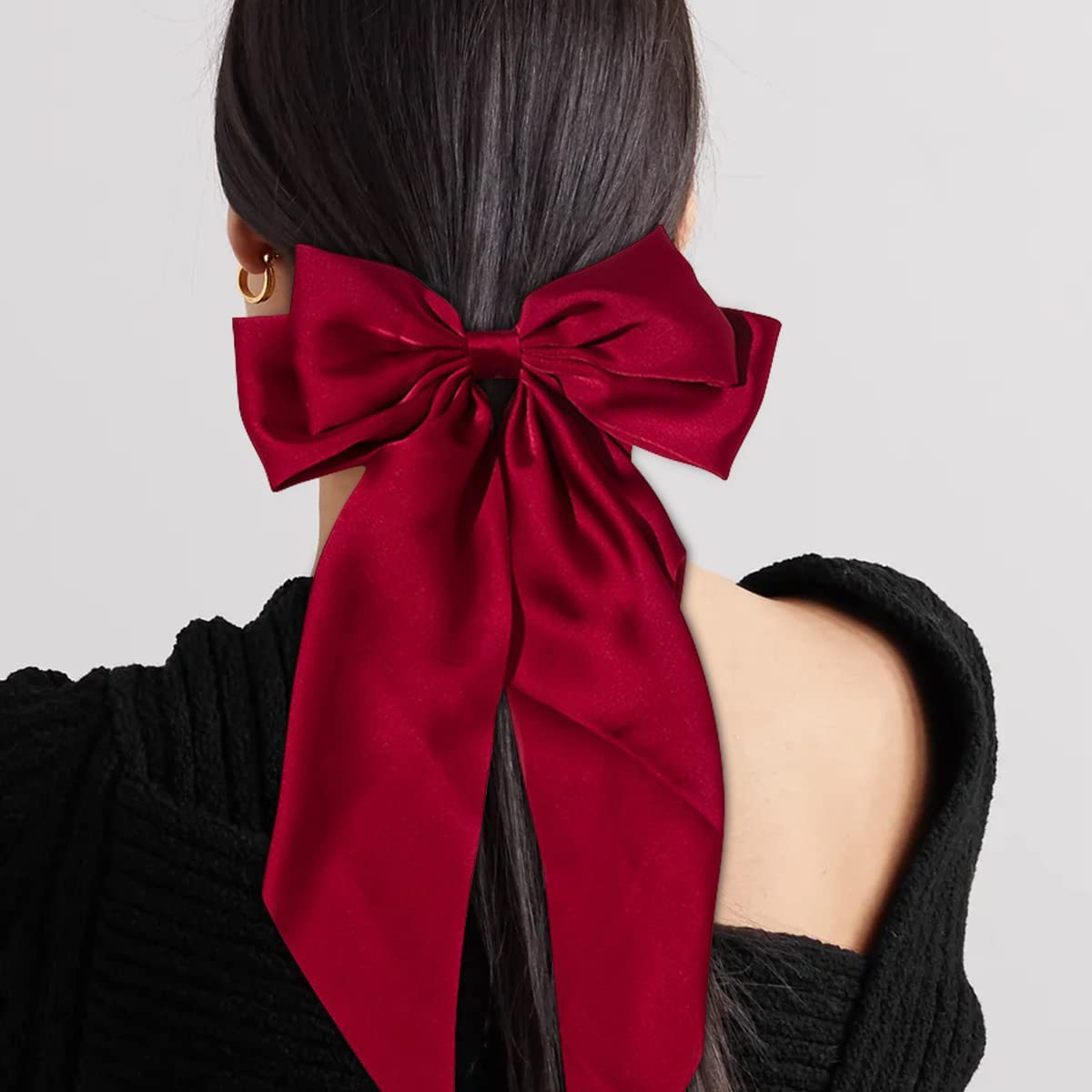 Red Silky Bow Hair Barrettes Jumbo Bow Clip With Tails Hair Clip For Woman Girls Satin Large Hair Slides French Barrette Long Ta