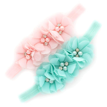 My Lello Girls Flower Headbands Toddler Fabric Beaded Trio Stretchy Elastic Pair (Light Pink/Aqua)
