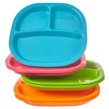 Us Acrylic Harmony 3-Compartment Divided Plastic Kids Tray In 4 Calypso Colors | Set Of 12 Reusable, Bpa-Free Plates, Made In Th