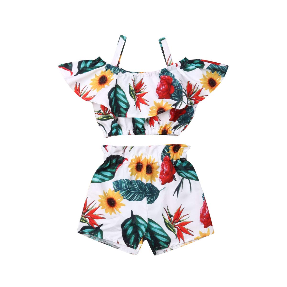 Toddler Kids Baby Girl Floral Halter Ruffled Outfits Clothes Tops+Shorts 2Pcs Set (2-3 Years, White Sunflower)