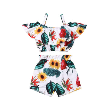 Toddler Kids Baby Girl Floral Halter Ruffled Outfits Clothes Tops+Shorts 2Pcs Set (2-3 Years, White Sunflower)