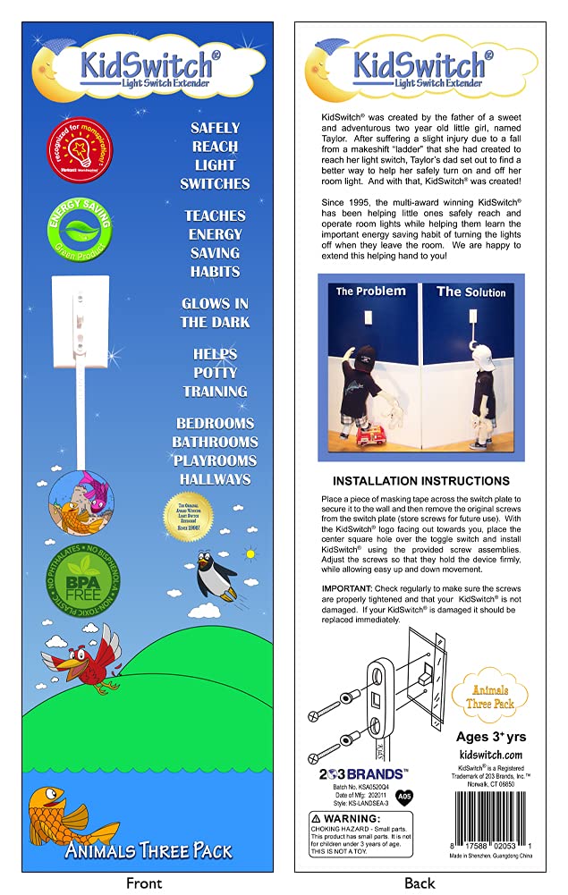 Kidswitch Light Switch Extender For Children - Land & Sea Animal Edition - 3 Count - Includes 12 Themed And 2 Blank Art Decals