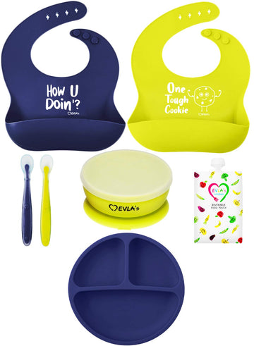 Evla'S Baby Feeding Set, Baby Led Weaning Supplies, Adjustable Silicone Bibs, Divided Plate, Suction Bowl With Lid, Soft Spoons