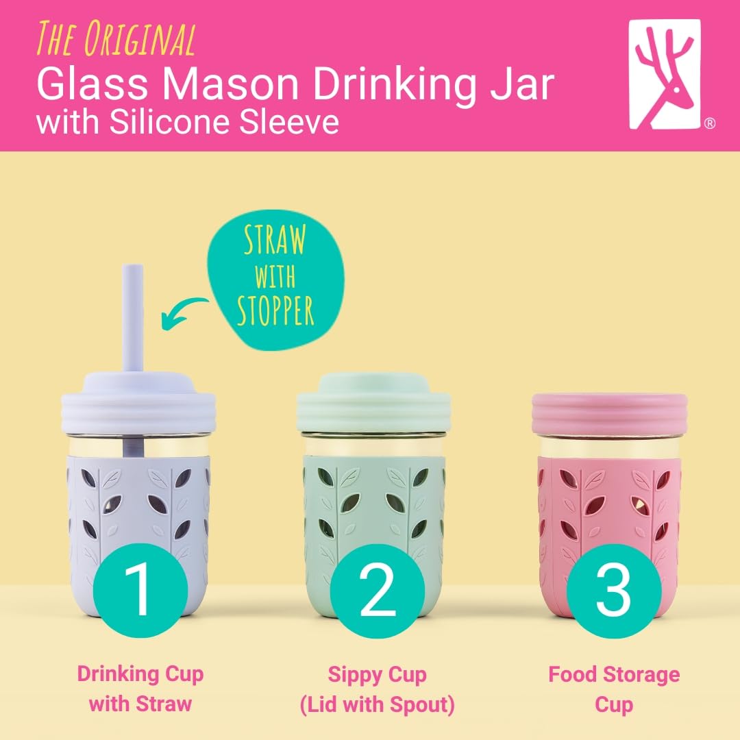 Elk And Friends Kids & Toddler Cups  The Original Glass Mason Jars 8 Oz With Silicone Straws With Stoppers  Smoothie Cups  Spill